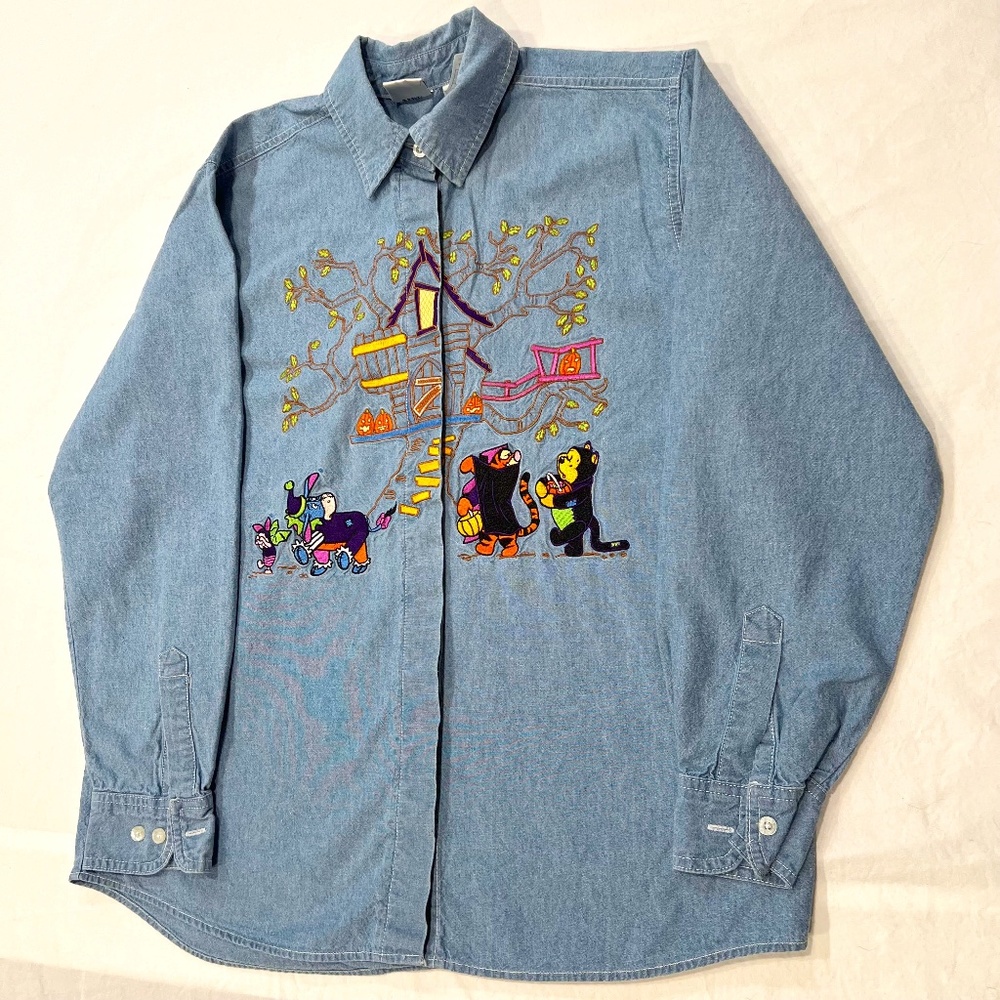 Vintage Disney Halloween Denim Woman's Shirt Sz M Winnie the Pooh and Friends
